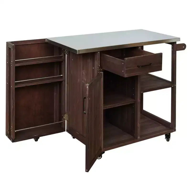 Isola da Cucina da Esterno in Legno di Abete con Contenitore, Carrello da Cucina Scorrevole Bloccabile con Piano in Acciaio Inox, Portasciugamani e Portaspezie per Patio/Cucina