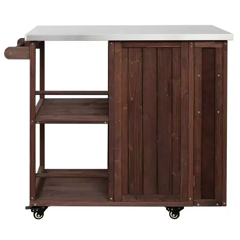 Isola da Cucina da Esterno in Legno di Abete con Contenitore, Carrello da Cucina Scorrevole Bloccabile con Piano in Acciaio Inox, Portasciugamani e Portaspezie per Patio/Cucina