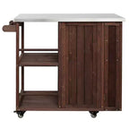 Isola da Cucina da Esterno in Legno di Abete con Contenitore, Carrello da Cucina Scorrevole Bloccabile con Piano in Acciaio Inox, Portasciugamani e Portaspezie per Patio/Cucina