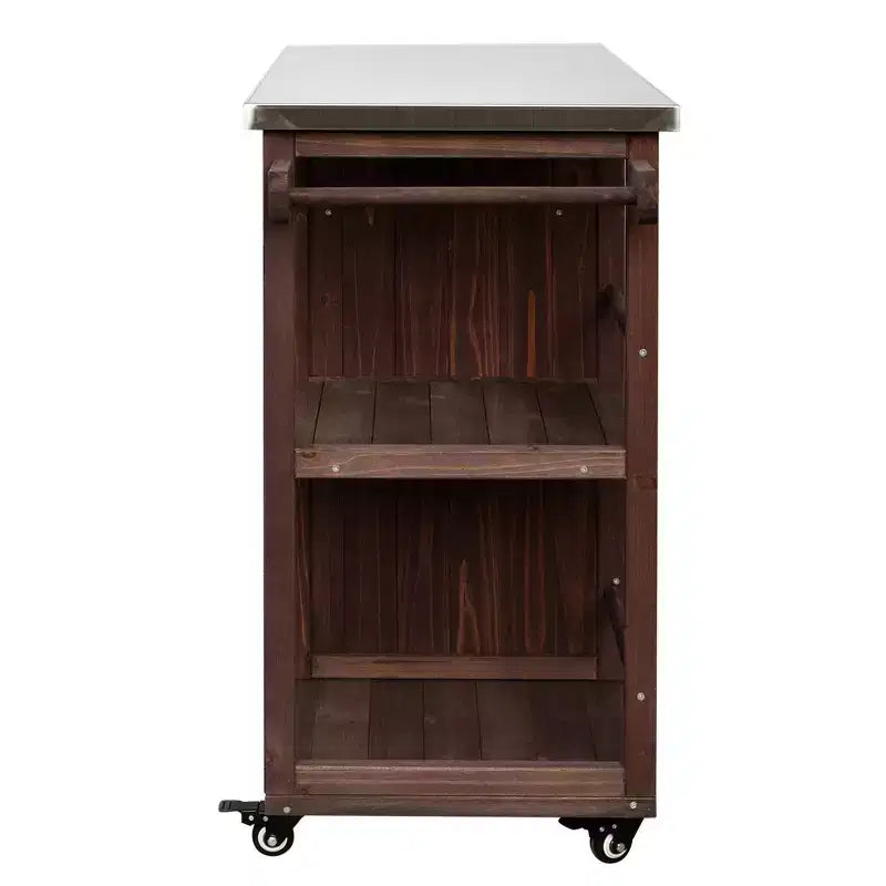 Isola da Cucina da Esterno in Legno di Abete con Contenitore, Carrello da Cucina Scorrevole Bloccabile con Piano in Acciaio Inox, Portasciugamani e Portaspezie per Patio/Cucina