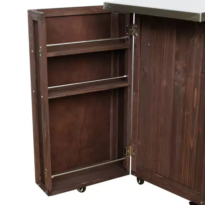 Isola da Cucina da Esterno in Legno di Abete con Contenitore, Carrello da Cucina Scorrevole Bloccabile con Piano in Acciaio Inox, Portasciugamani e Portaspezie per Patio/Cucina