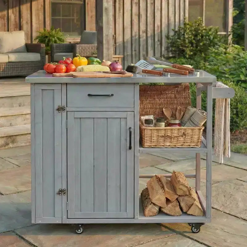 Isola da Cucina da Esterno in Legno di Abete con Contenitore, Carrello da Cucina Scorrevole Bloccabile con Piano in Acciaio Inox, Portasciugamani e Portaspezie per Patio/Cucina