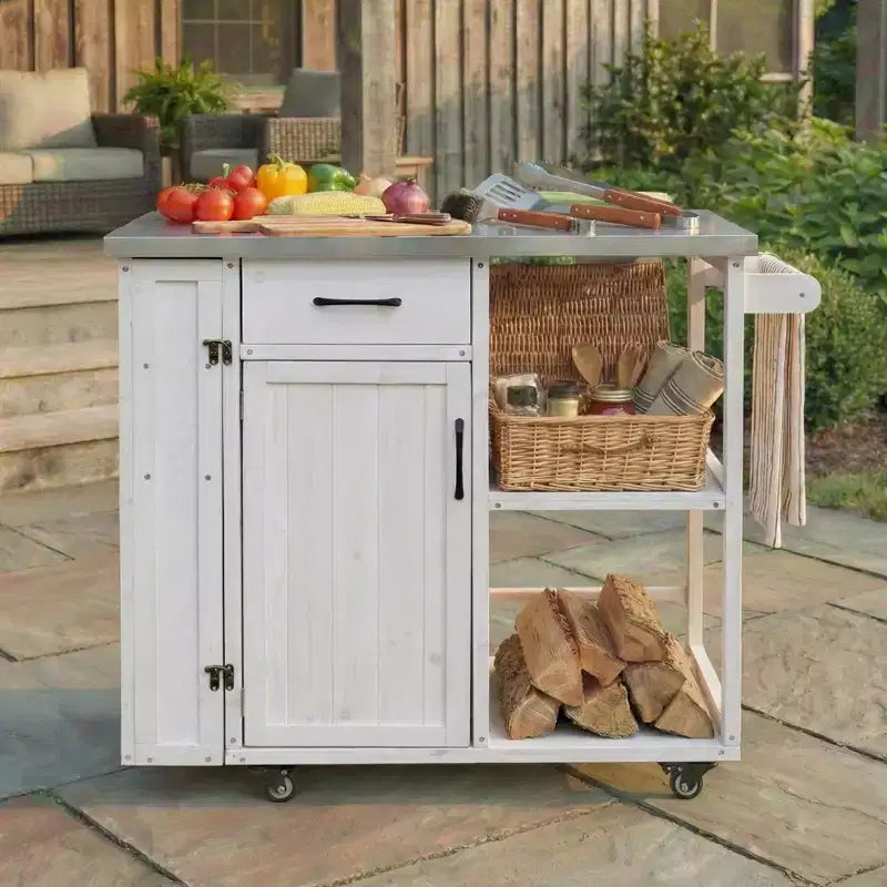 Isola da Cucina da Esterno in Legno di Abete con Contenitore, Carrello da Cucina Scorrevole Bloccabile con Piano in Acciaio Inox, Portasciugamani e Portaspezie per Patio/Cucina