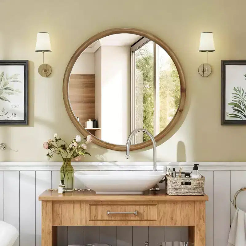 Specchio da parete decorativo rotondo in legno naturale, specchio da parete rustico moderno di metà secolo per bagno o ingresso - Legno naturale
