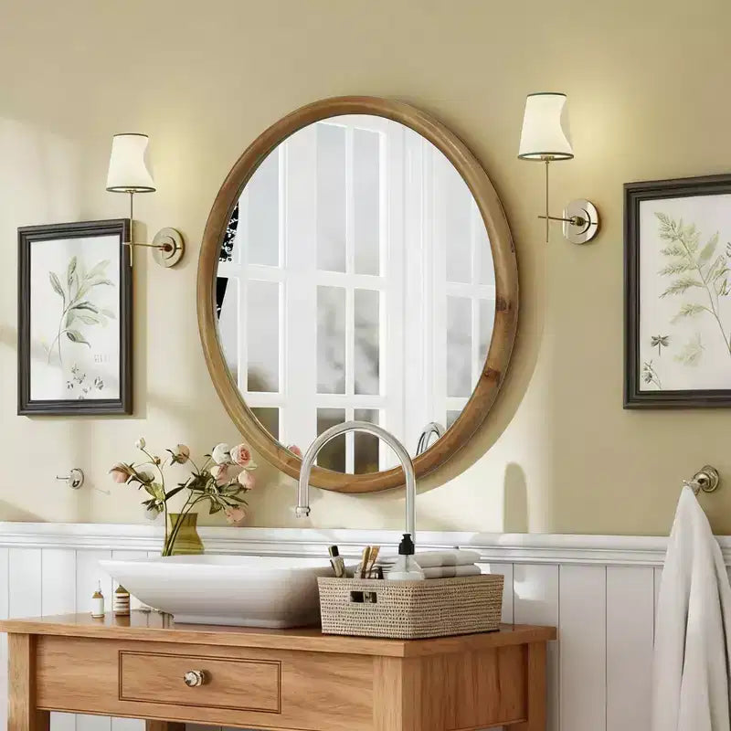 Specchio da parete decorativo rotondo in legno naturale, specchio da parete rustico moderno di metà secolo per bagno o ingresso - Legno naturale