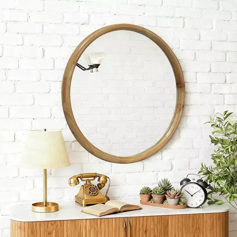 Specchio da parete decorativo rotondo in legno naturale, specchio da parete rustico moderno di metà secolo per bagno o ingresso - Legno naturale