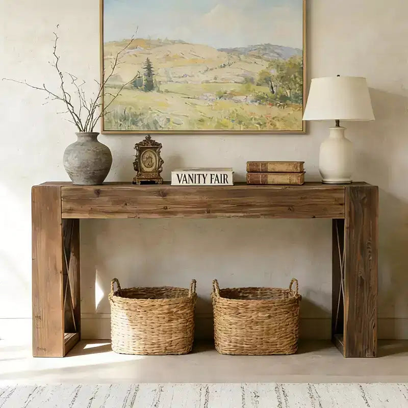 Tavolo Consolle in Legno Massello, Tavolo da Divano Rustico Lungo 160 cm per Ingresso, Soggiorno, Foyer