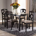 Set 5 pz. tavolo da pranzo in tessuto moderno e contemporaneo marrone scuro/beige: tavolo rettangolare, sedie in poliestere
