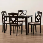 Set 5 pz. tavolo da pranzo in tessuto moderno e contemporaneo marrone scuro/beige: tavolo rettangolare, sedie in poliestere