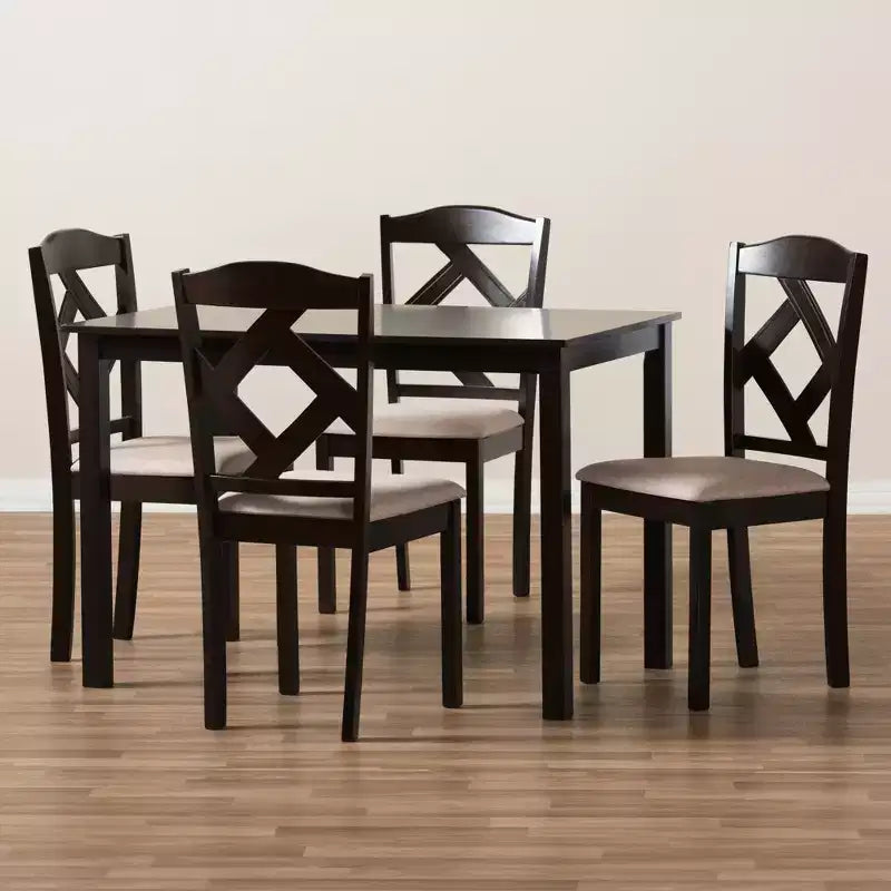 Set 5 pz. tavolo da pranzo in tessuto moderno e contemporaneo marrone scuro/beige: tavolo rettangolare, sedie in poliestere