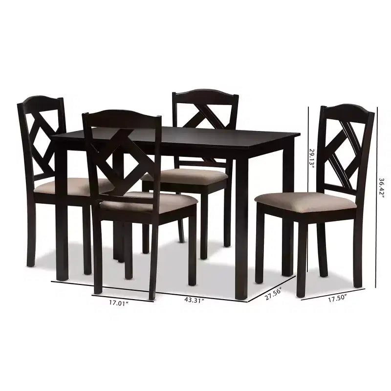 Set 5 pz. tavolo da pranzo in tessuto moderno e contemporaneo marrone scuro/beige: tavolo rettangolare, sedie in poliestere