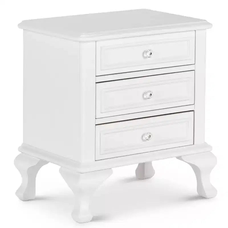Comodino Isabella Youth a 3 cassetti bianco: struttura in legno massello, impiallacciatura in legno, include ferramenta antiribaltamento