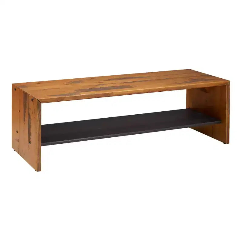 Panca da ingresso da 58" in legno massello rustico recuperato, color miele: ripiano inferiore, seduta per corridoio