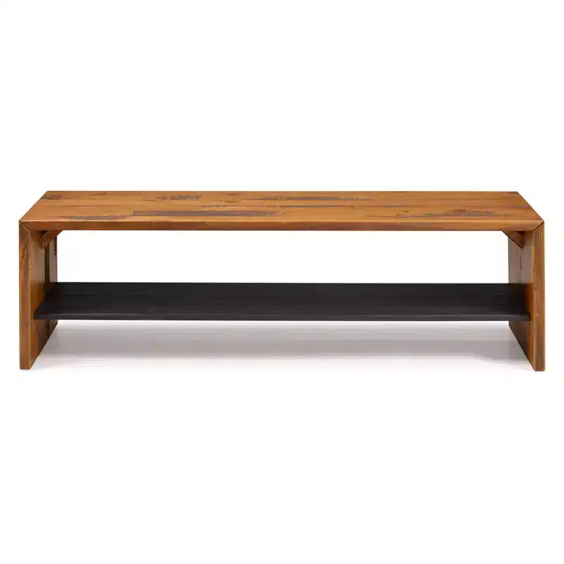 Panca da ingresso da 58" in legno massello rustico recuperato, color miele: ripiano inferiore, seduta per corridoio